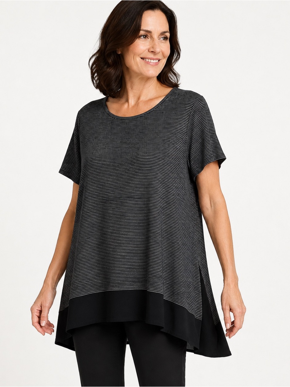 HABITAT LAGENLOOK LINEN BLACK WHITE STRIPED SHORT SLEEVE CASUAL TUNIC TOP SZ L